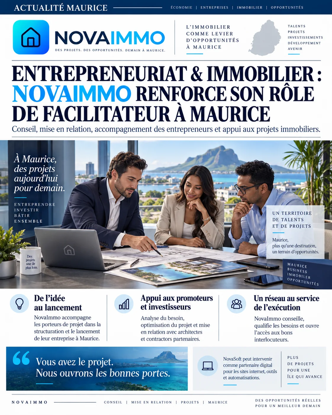 Une « Actualité Maurice » de NovaImmo : conseil, mise en relation, projets sélectionnés — entreprendre, promoteurs, partenaires, participation possible
