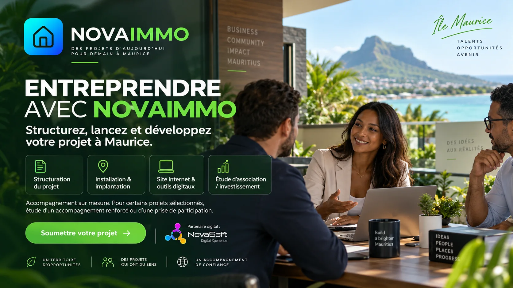 Bandeau NovaImmo « Entreprendre avec NovaImmo » : structurez, lancez et développez votre projet à Maurice — structuration du projet, installation & implantation, site internet & outils digitaux, étude d'association / investissement